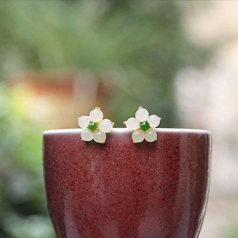 Release Negativity White Jade Flower Blessing Stud Earrings