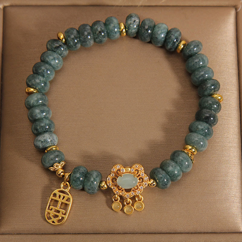 Nimara Ritual Natural Jade Chinese Lock Charm Peace Luck Abundance Bracelet