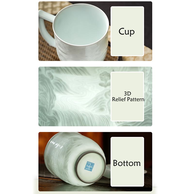 Nimara Ritual Jingdezhen White Porcelain Handmade Great Wall Landscape Engraved Ceramic Teacup Office Mug Tea Cups