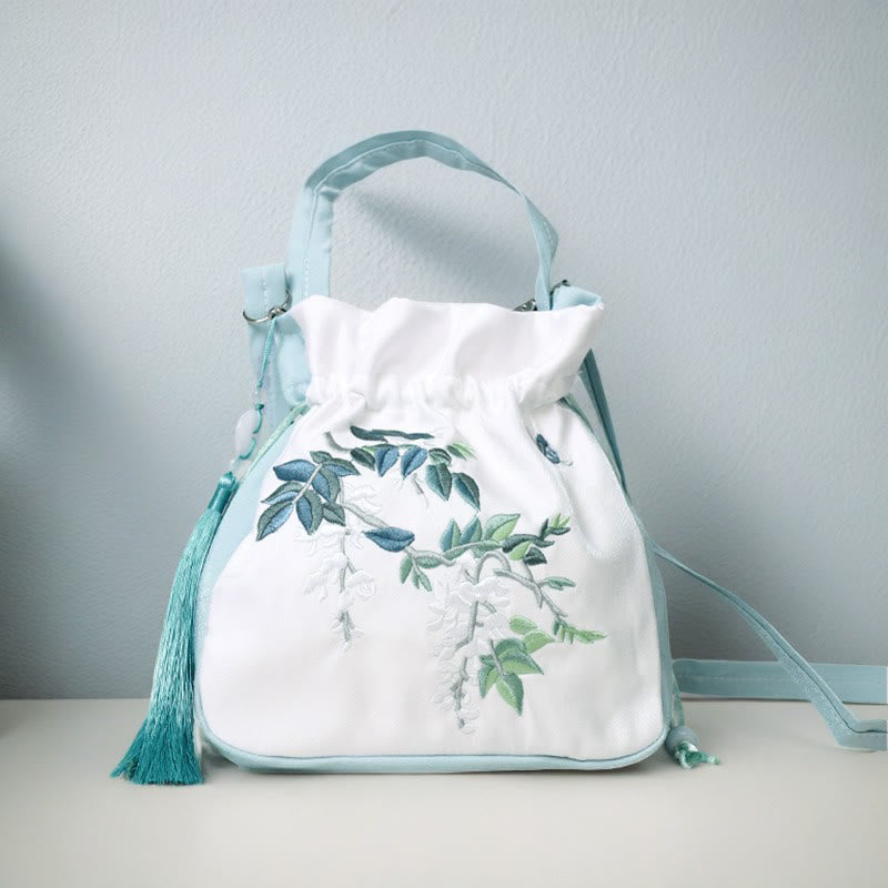 Nimara Ritual Embroidered Flowers Wisteria Lily Cotton Linen Tote Crossbody Bag Shoulder Bag Handbag