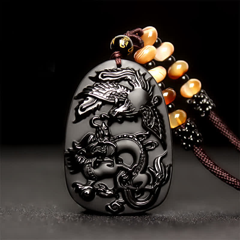 Nimara Ritual Black Obsidian Tiger Eye Dragon Phoenix Protection Beaded Necklace Pendant