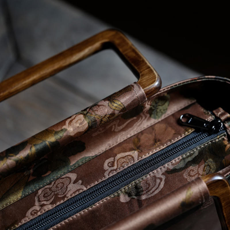 Nimara Ritual Vintage Brown Flowers Green Bamboo Leaves Wood Handles Zipper Handbag