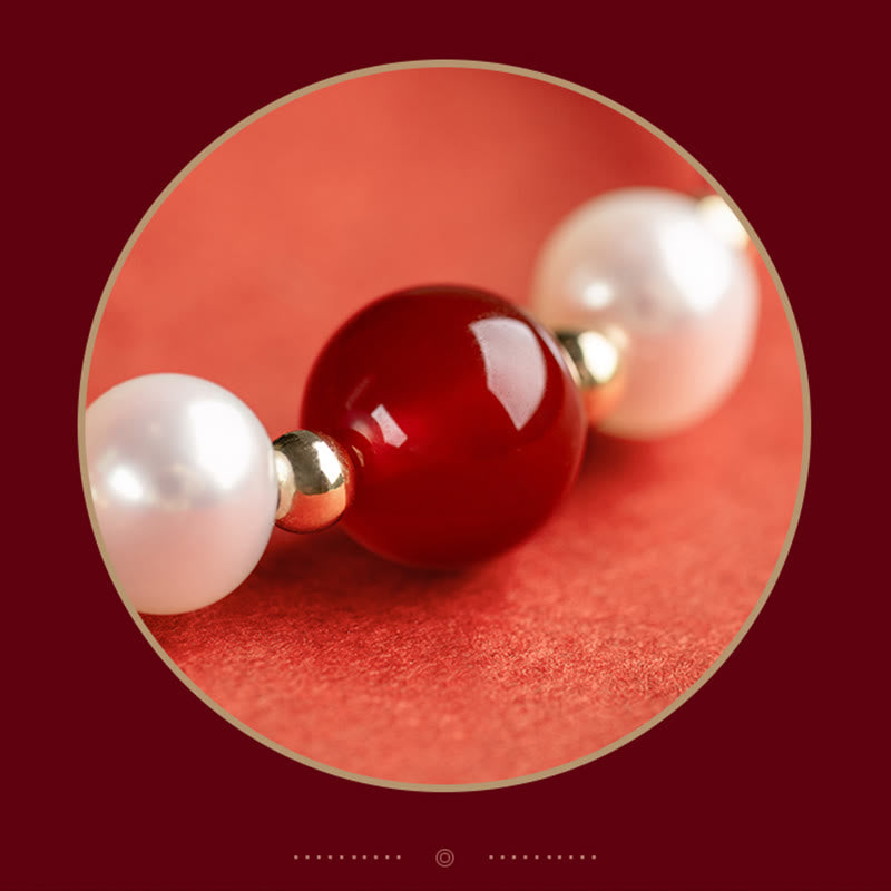 Nimara Ritual 925 Sterling Silver Good Fortune Fu Character Agate Pearl Red String Braid Bracelet