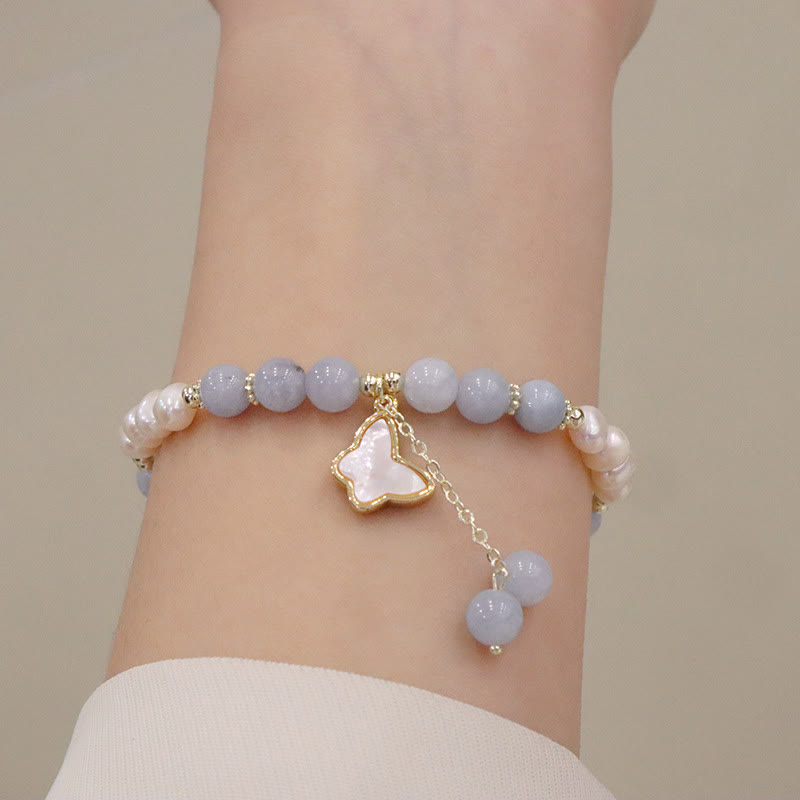 Nimara Ritual Natural Aquamarine Pearl Healing Ginkgo Leaf Butterfly Charm Bracelet