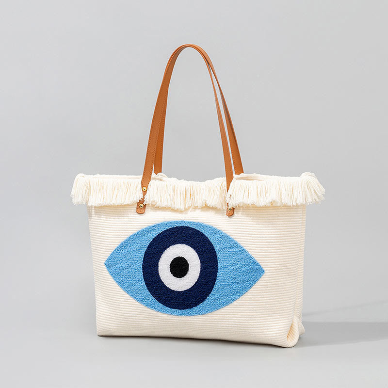 Nimara Ritual Large Capacity Evil Eye Leaf Hamsa Tassel Canvas Tote Shoulder Bag