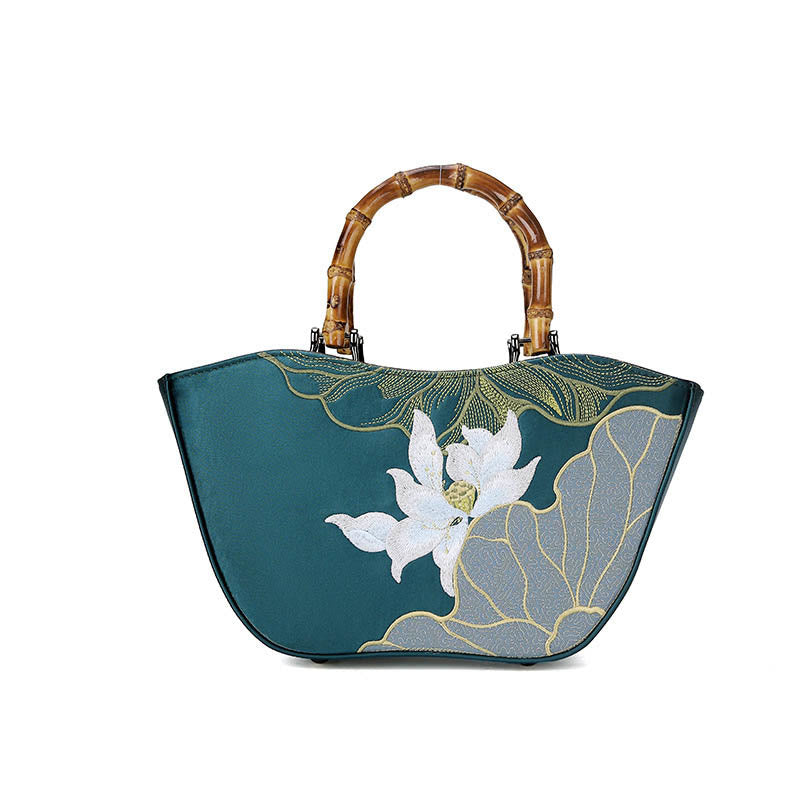 Nimara Ritual Lotus Embroidery Bamboo Handle Handbag