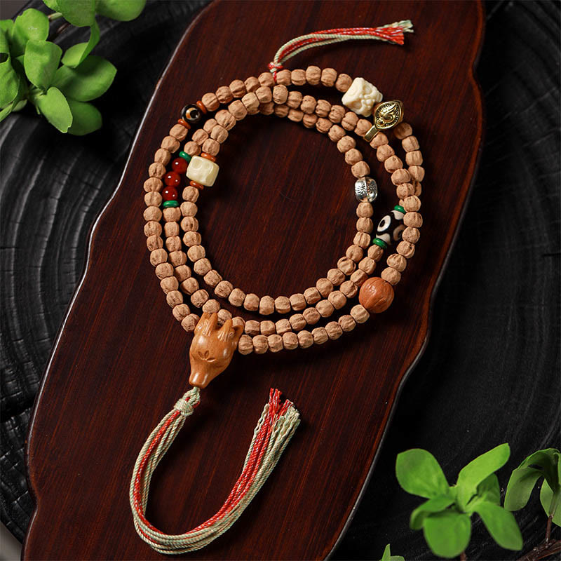 Nimara Ritual 108 Beads Bodhi Seed Red Agate Deer Head Wisdom Mala Bracelet