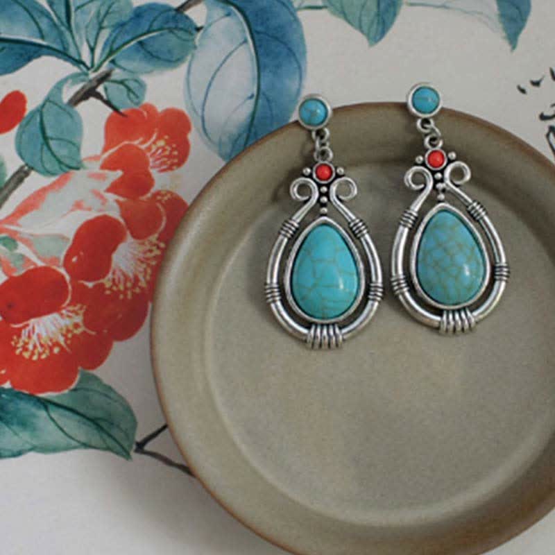 Nimara Ritual Tibet Vintage Turquoise Waterdrop Strength Drop Dangle Earrings Clips