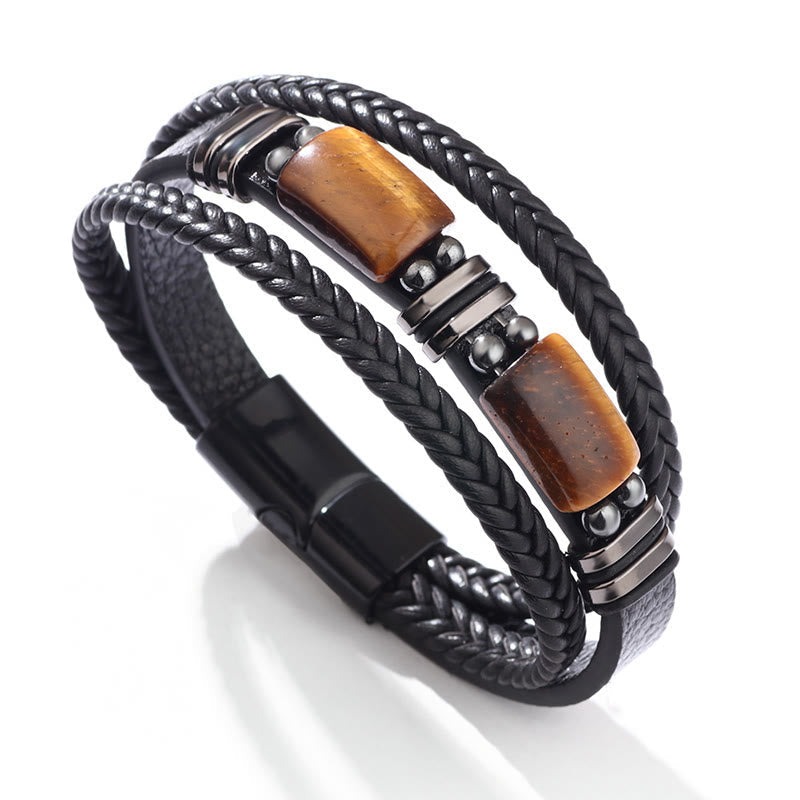 Nimara Ritual Tiger Eye Power Magnetic Buckle Multilayered Leather Bracelet