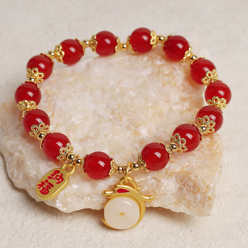 Nimara Ritual Year of the Dragon Red Agate Green Aventurine Peace Buckle Fu Character Lucky Fortune Bracelet