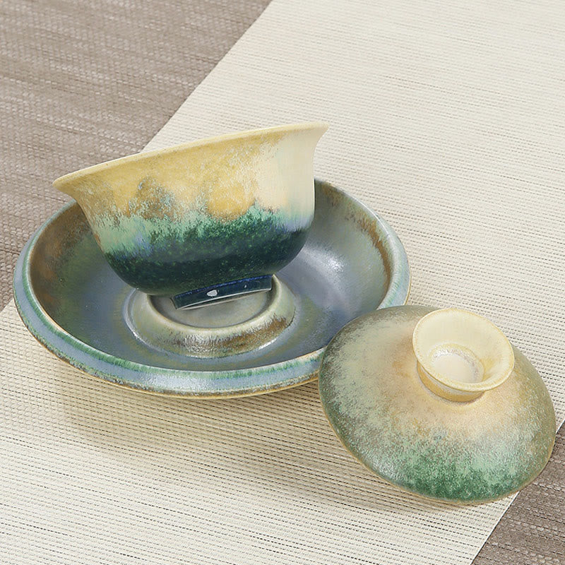 Nimara Ritual Green Ocean Waves Design Porcelain Ceramic Gaiwan Sancai Teacup Kung Fu Tea Cup And Saucer With Lid