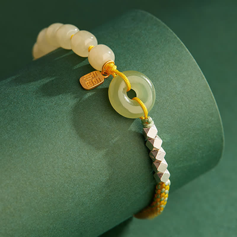 Nimara Ritual 925 Sterling Silver Hetian Jade Peace Buckle Beaded Luck Happiness Charm Bracelet