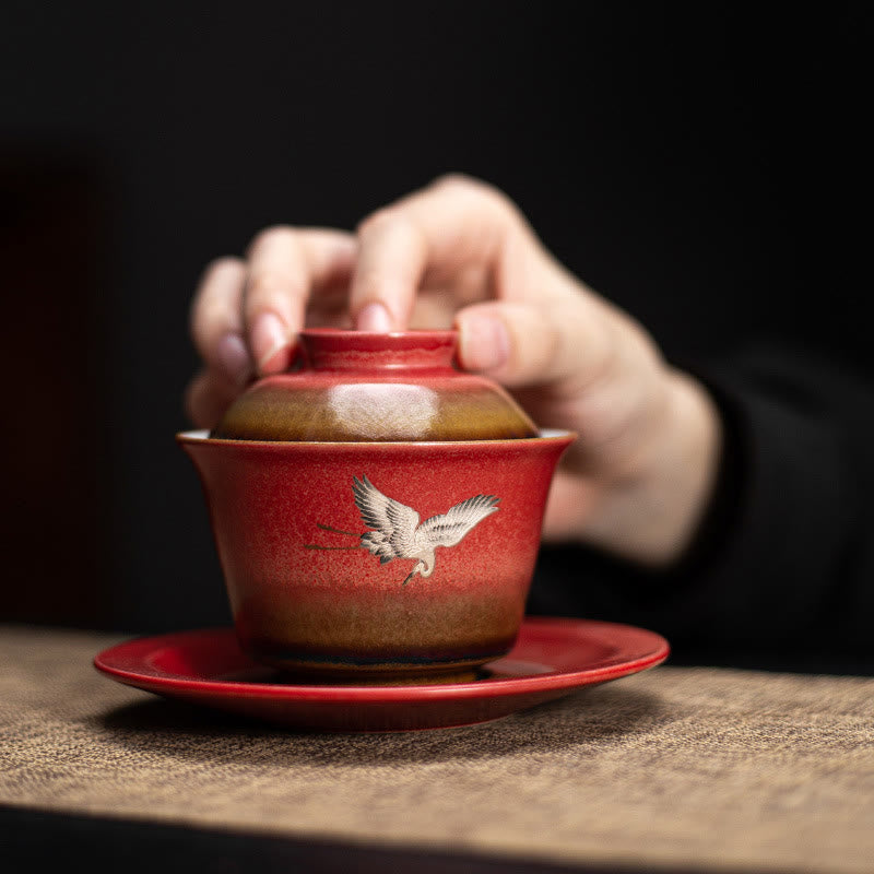 Nimara Ritual Red Auspicious Crane Ceramic Gaiwan Sancai Teacup Kung Fu Tea Cup And Saucer With Lid