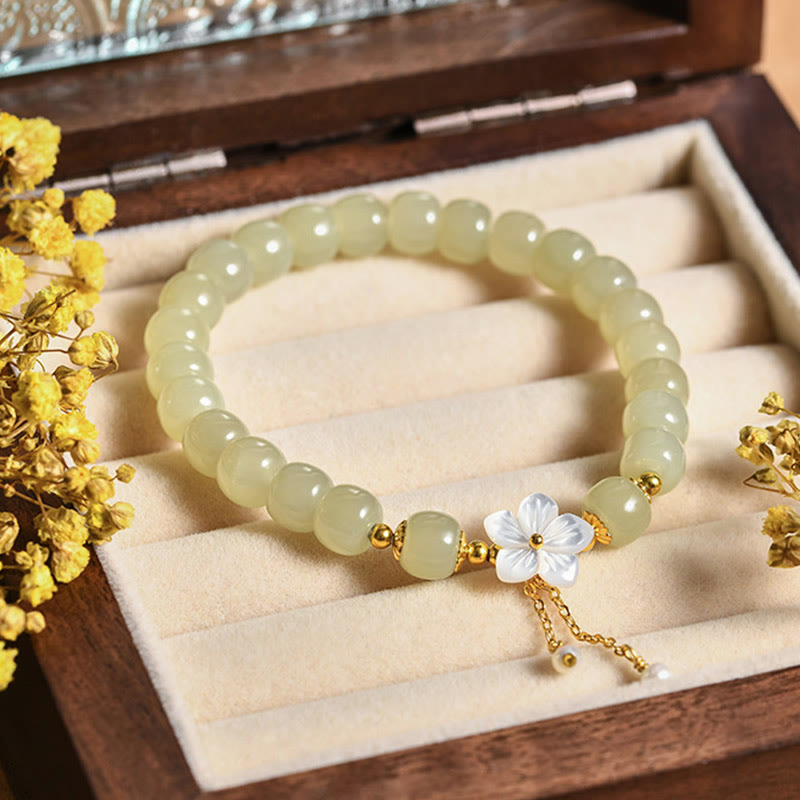 Nimara Ritual 925 Sterling Silver Natural Hetian Jade Luck Flower Bracelet