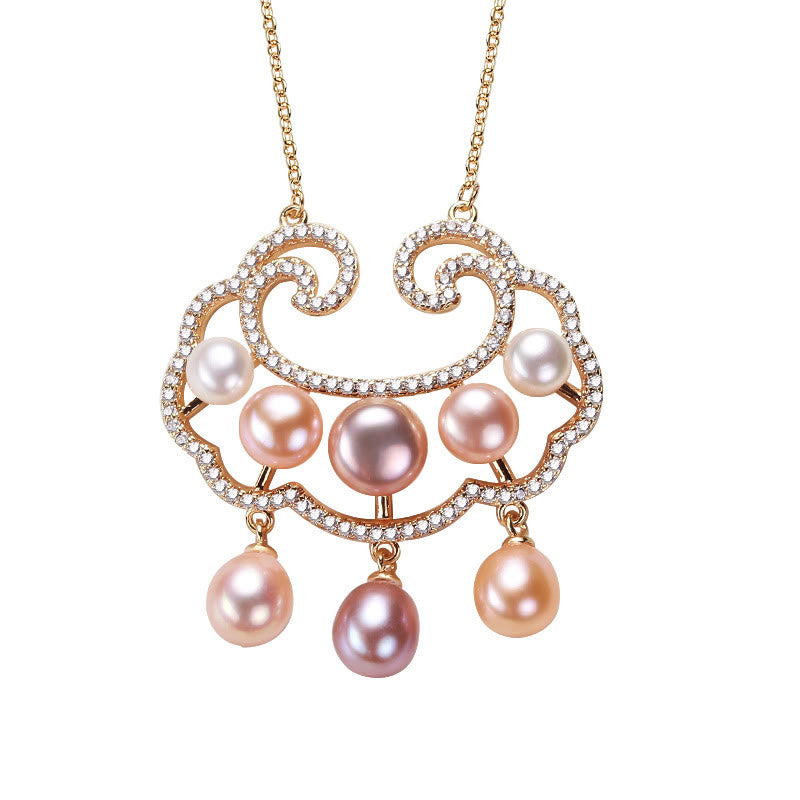 Nimara Ritual 18K Gold Plated Natural Pearl Chinese Lock Charm Sincerity Necklace Pendant