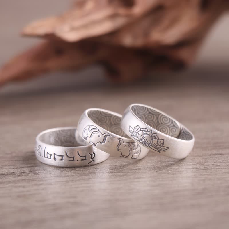 Nimara Ritual 999 Sterling Silver Lotus Elephant Six True Words Blessing Ring