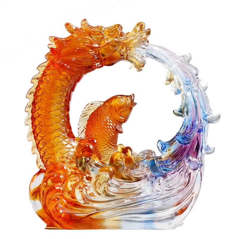 Nimara Ritual Feng Shui Dragon Koi Fish Handmade Liuli Crystal Art Piece Home Office Decoration