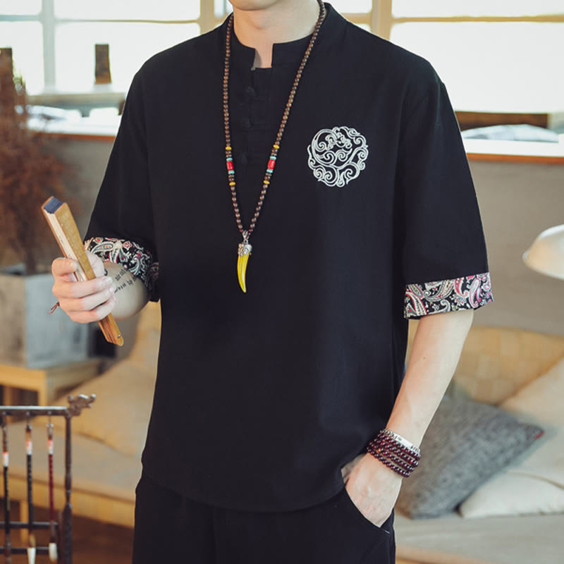 Nimara Ritual Frog-Button Dragon Embroidery Chinese Tang Suit Short Sleeve Shirt Men Clothing