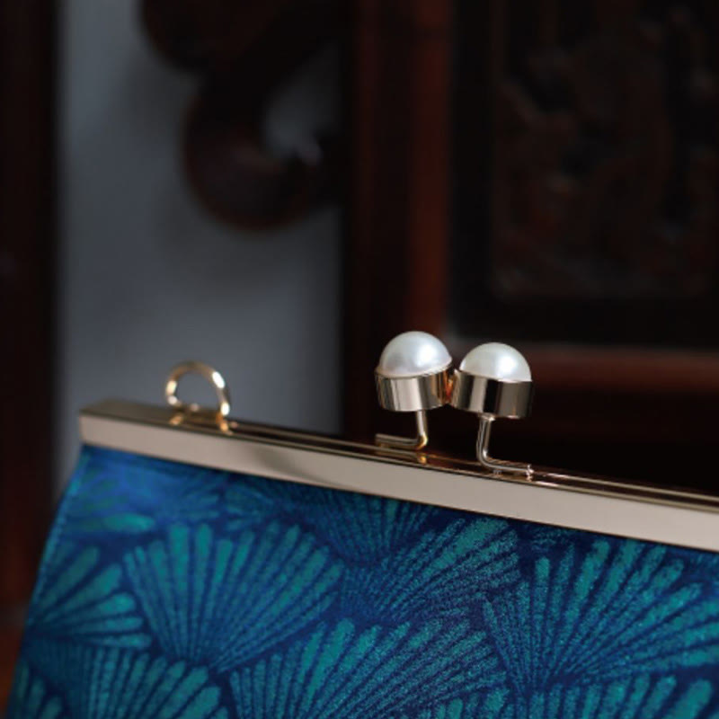 Nimara Ritual Vintage Peacock Blue Leaf Pattern Pearl Metal Handbag