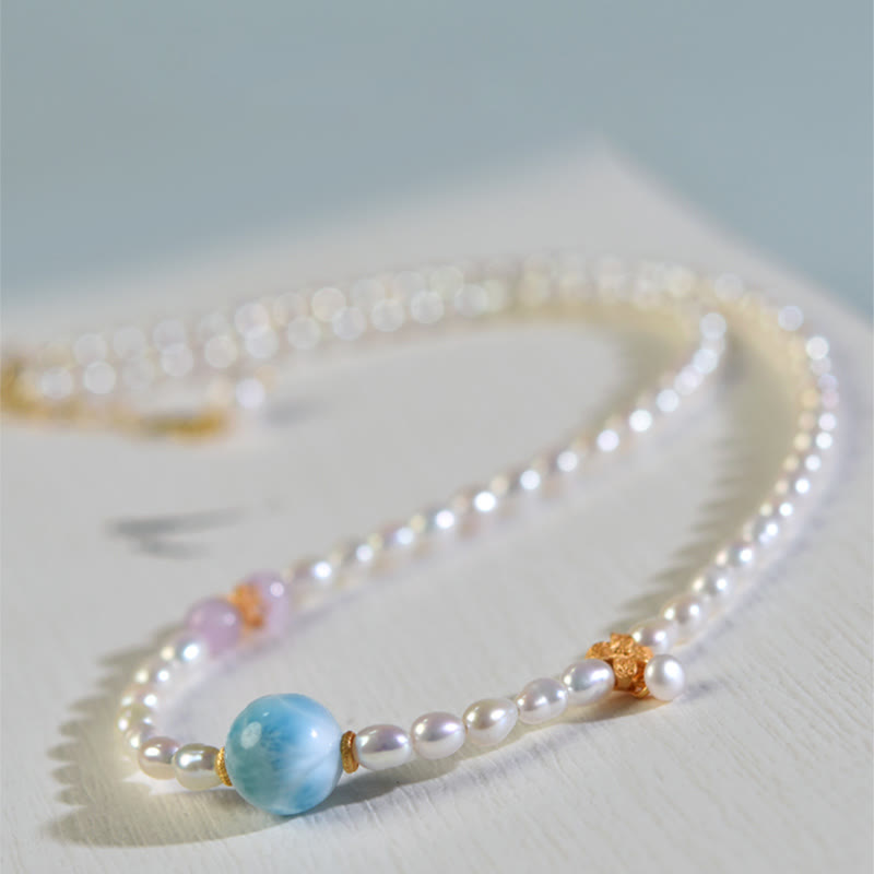 Nimara Ritual 925 Sterling Silver Natural Pearl Larimar Sincerity Necklace Pendant