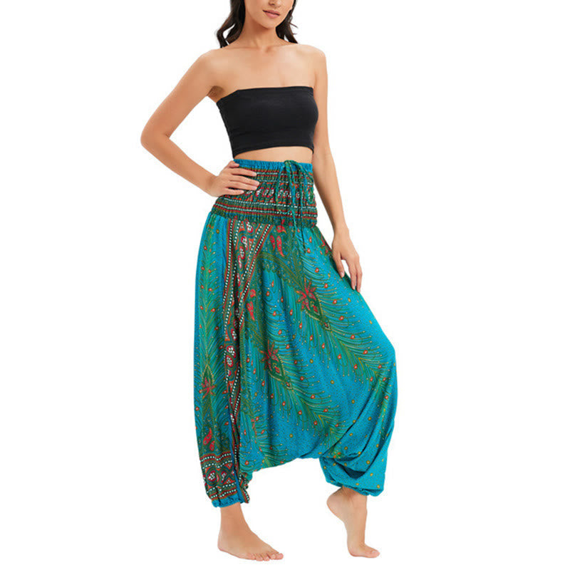 Nimara Ritual Two Style Wear Peacock Feather Loose Smocked Harem Trousers Jumpsuit High Waist Pants