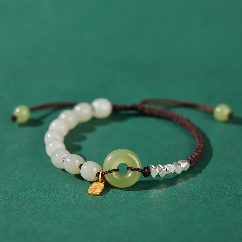 Nimara Ritual 925 Sterling Silver Hetian Jade Peace Buckle Beaded Luck Happiness Charm Bracelet