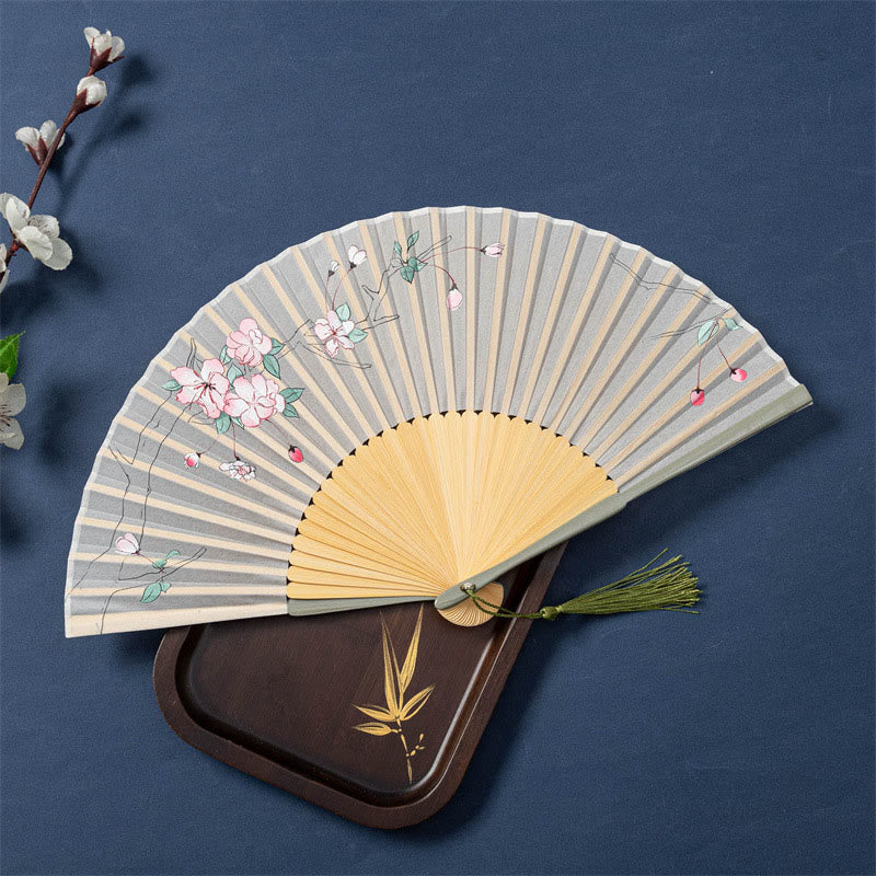 Nimara Ritual Lotus Begonia Flower Jasmine Handheld Bamboo Folding Fan 21cm