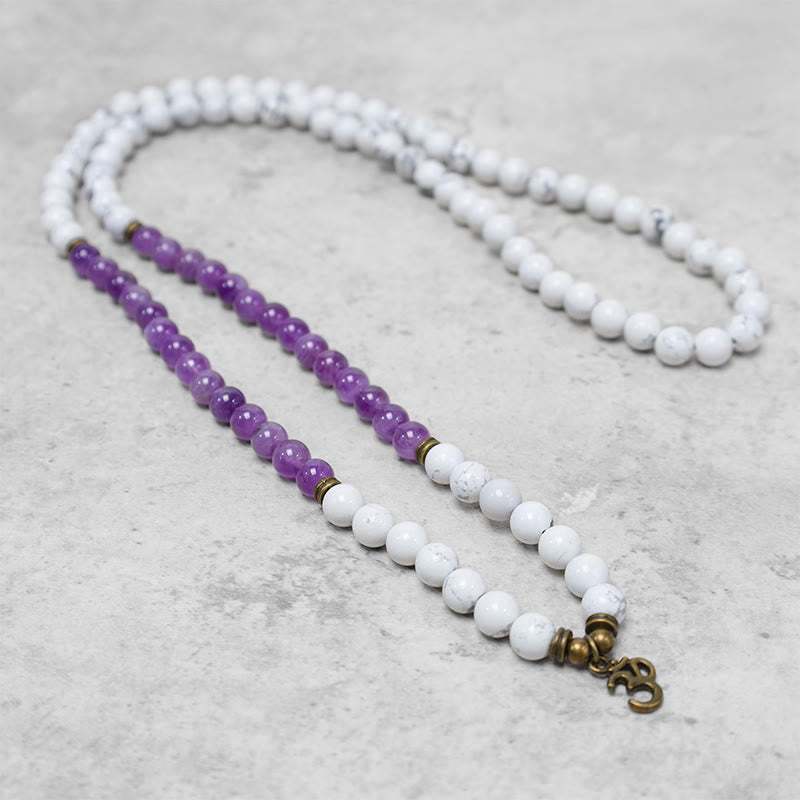 Nimara Ritual 108 Mala Beads Amethyst White Turquoise OM Healing Meditation Energy Bracelet