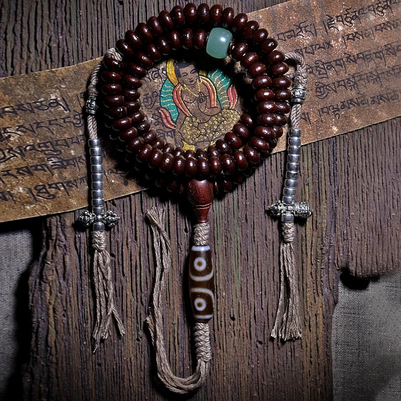 Nimara Ritual Natural Tibet 108 Mala Beads Purple Bodhi Seed Three-eyed Dzi Bead Copper Dorje Harmony Bracelet
