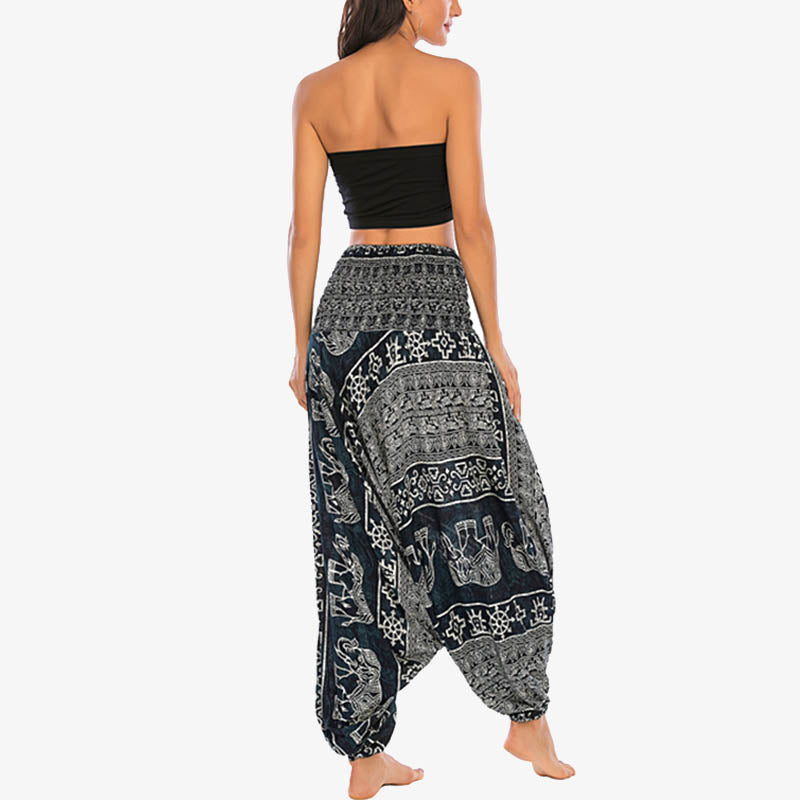 Nimara Ritual Two Style Wear Elephant Pattern Loose Smocked Harem Trousers Jumpsuit Women's Yoga Pants