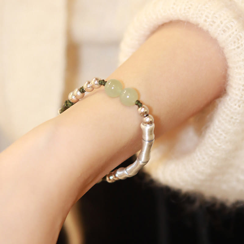 Nimara Ritual 925 Sterling Silver Natural Jade Fu Character Bamboo Abundance Bracelet