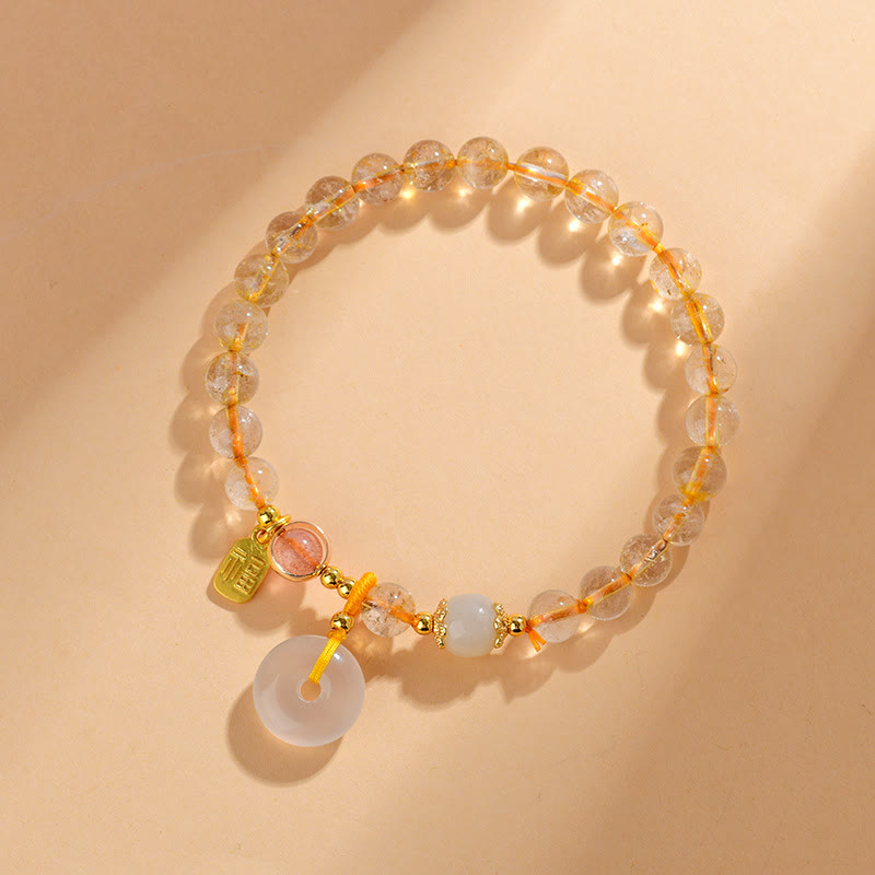 Nimara Ritual Natural Golden Rutilated Quartz Fu Character Peace Buckle Charm Wealth Bracelet