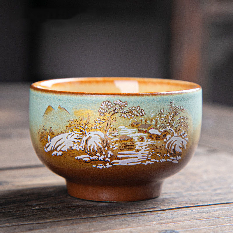 Nimara Ritual Colorful Deer Pipa Snow Plum Blossoms Mountains Rivers Bird Ceramic Teacup Kung Fu Tea Cup Bowl
