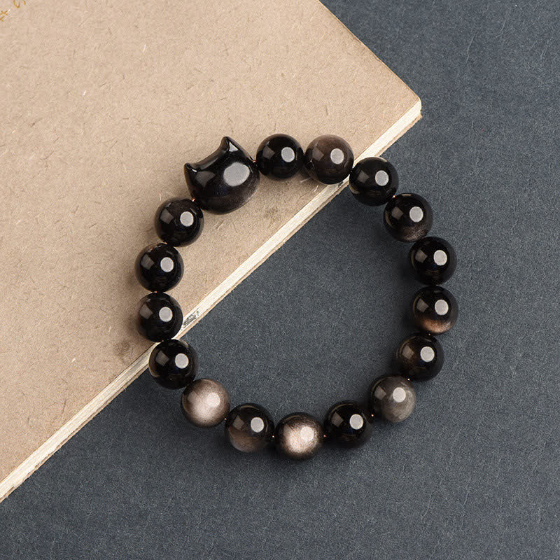 Nimara Ritual Gold Sheen Obsidian Silver Sheen Obsidian Lovely Paw Lucky Cat Protection Bracelet
