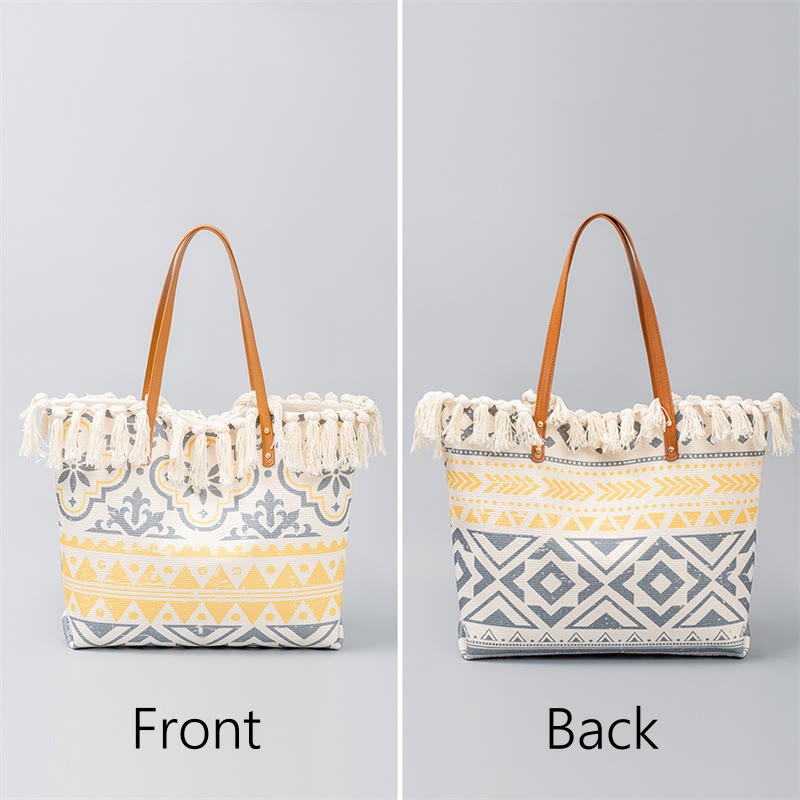 Nimara Ritual Large Capacity Boho Geometry Print Tassel Canvas Tote Shoulder Bag