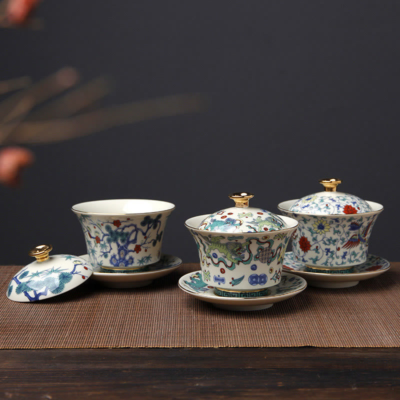 Nimara Ritual Retro Plum Blossom Pine Bamboo Phoenix Kirin Ceramic Gaiwan Sancai Teacup Kung Fu Tea Cup and Saucer with Lid