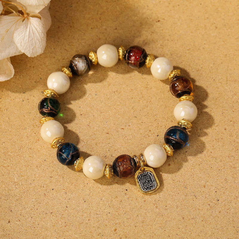 Nimara Ritual Tibetan Zakiram Goddess of Wealth Charm Liuli Glass Incense Ash Porcelain Bead Protection Bracelet