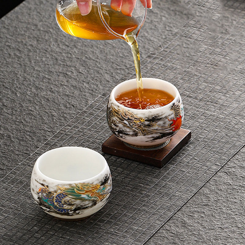 Nimara Ritual Dragon Playing With Pearl Design White Porcelain Ceramic Teacup Kung Fu Tea Cup 160ml