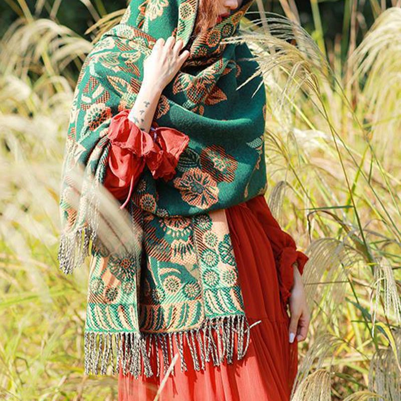 Nimara Ritual Tibetan Flower Floral Leaves Pattern Design Shawl Cozy Travel Scarf Wrap