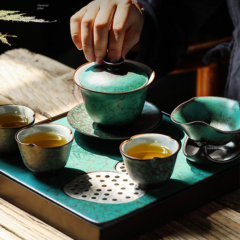 Nimara Ritual Retro Green Glaze Ceramic Gaiwan Sancai Teacup Kung Fu Tea Cup And Saucer With Lid