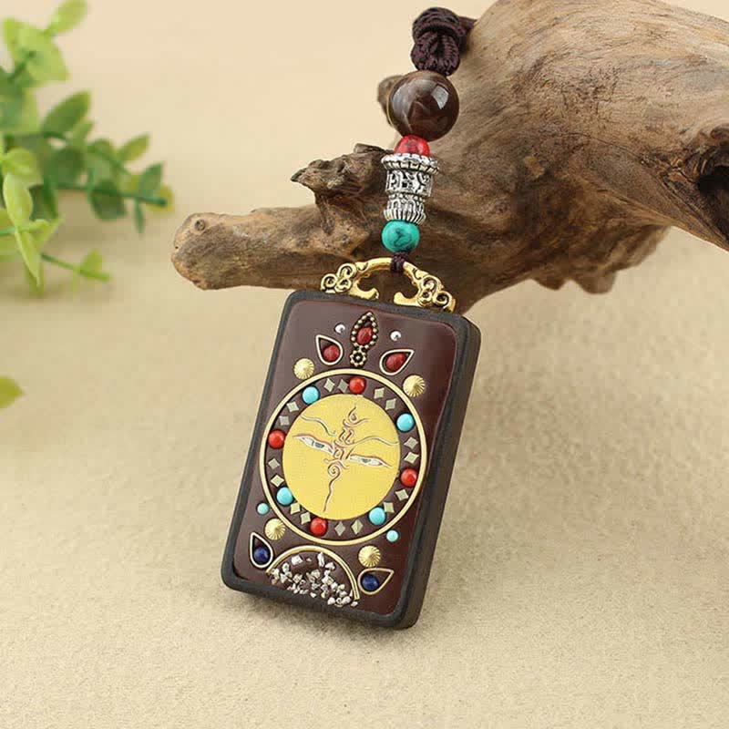 Nimara Ritual Tibet God of Wealth Thangka Ebony Peace Necklace Pendant