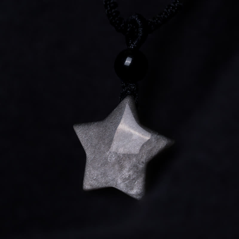 Nimara Ritual Natural Silver Sheen Obsidian Star Crescent Moon Protection Necklace Pendant