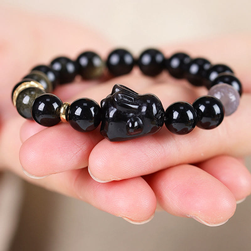 Nimara Ritual Gold Sheen Obsidian Black Obsidian Silver Sheen Obsidian Cute Rabbit Protection Bracelet