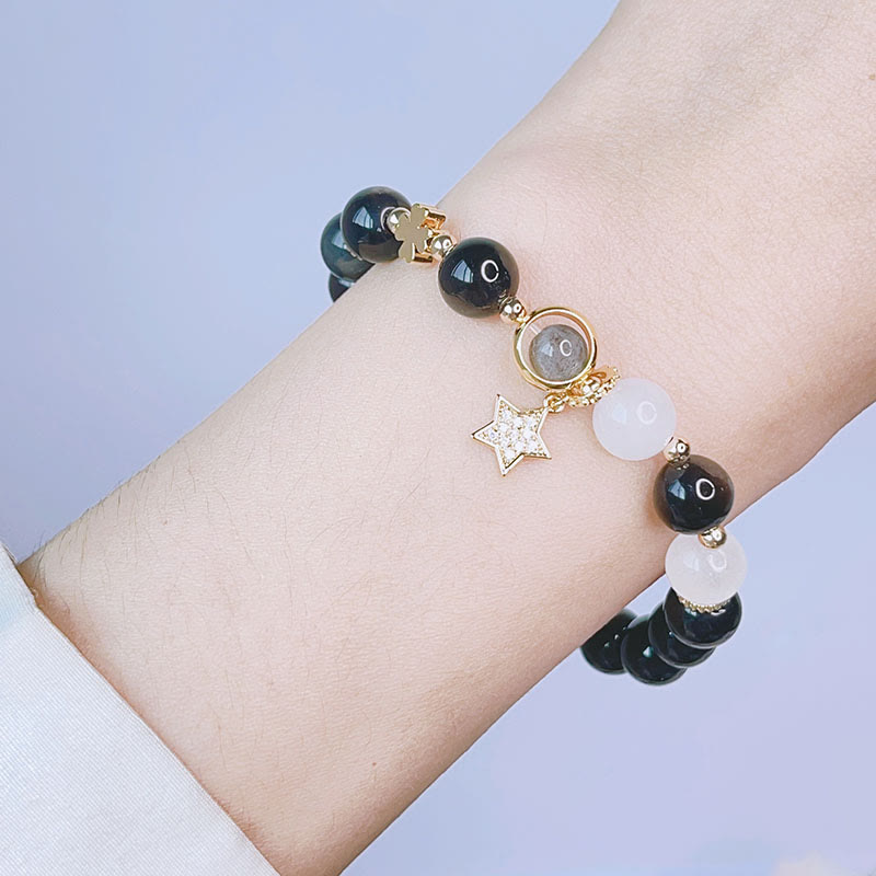 Nimara Ritual Natural Silver Sheen Obsidian Love Heart Star Flower Protection Bracelet