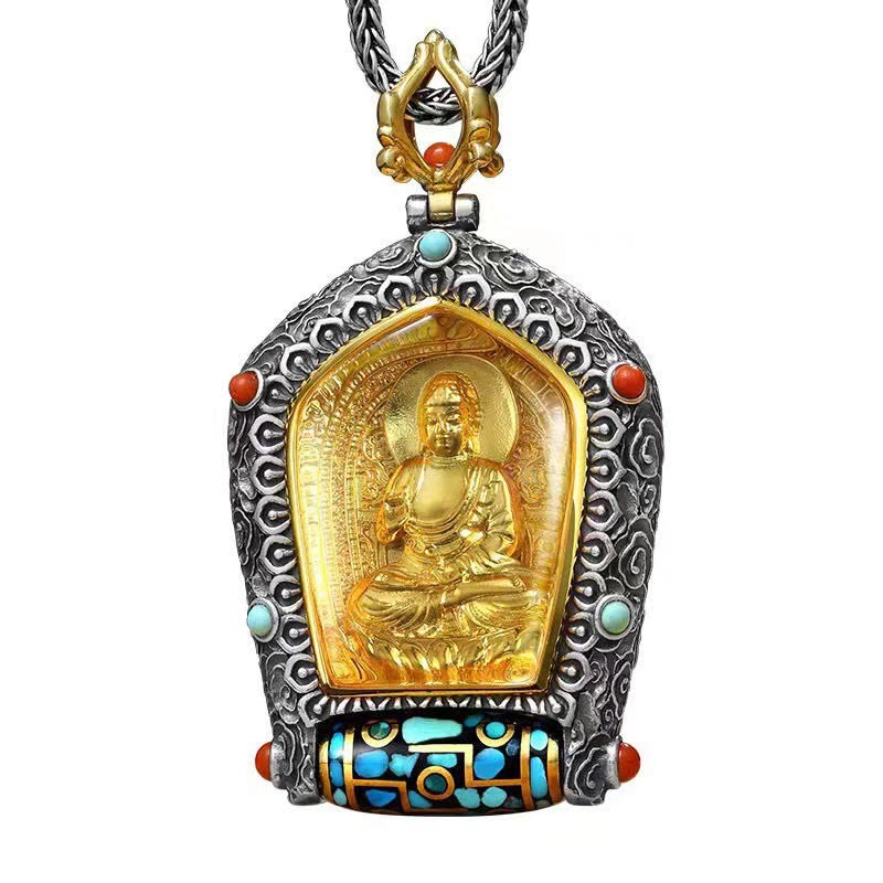 Nimara Ritual Tibet Chinese Zodiac Natal Buddha Thangka Prosperity Rotatable Dzi Bead Necklace Pendant