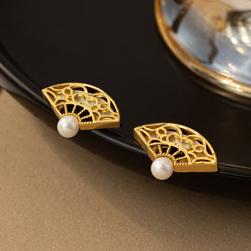 Nimara Ritual 925 Sterling Silver Posts Fan Pattern Pearl Copper Wisdom Stud Drop Earrings