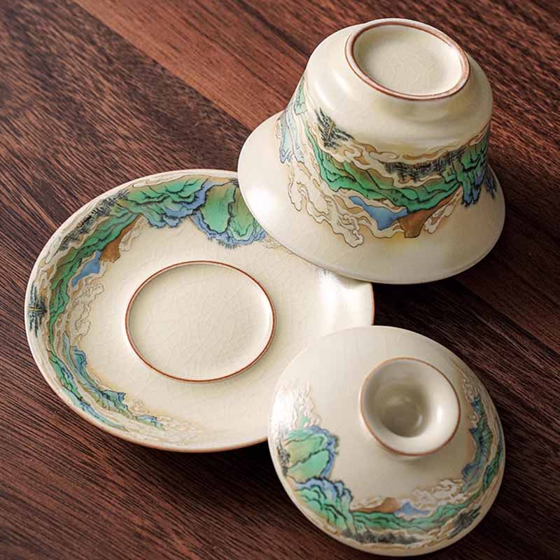 Nimara Ritual A Panorama of Rivers and Mountains Flowers Ceramic Gaiwan Sancai Teacup Kung Fu Tea Cup And Saucer With Lid