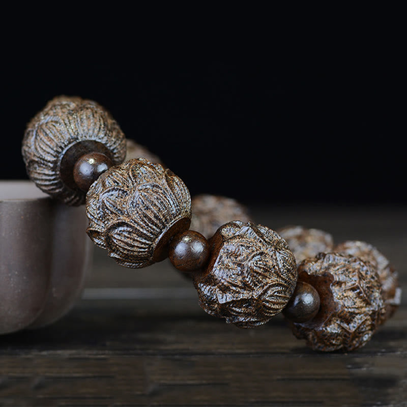 Nimara Ritual Ebony Wood Eighteen Arhats Lotus Dragon Engraved Balance Bracelet