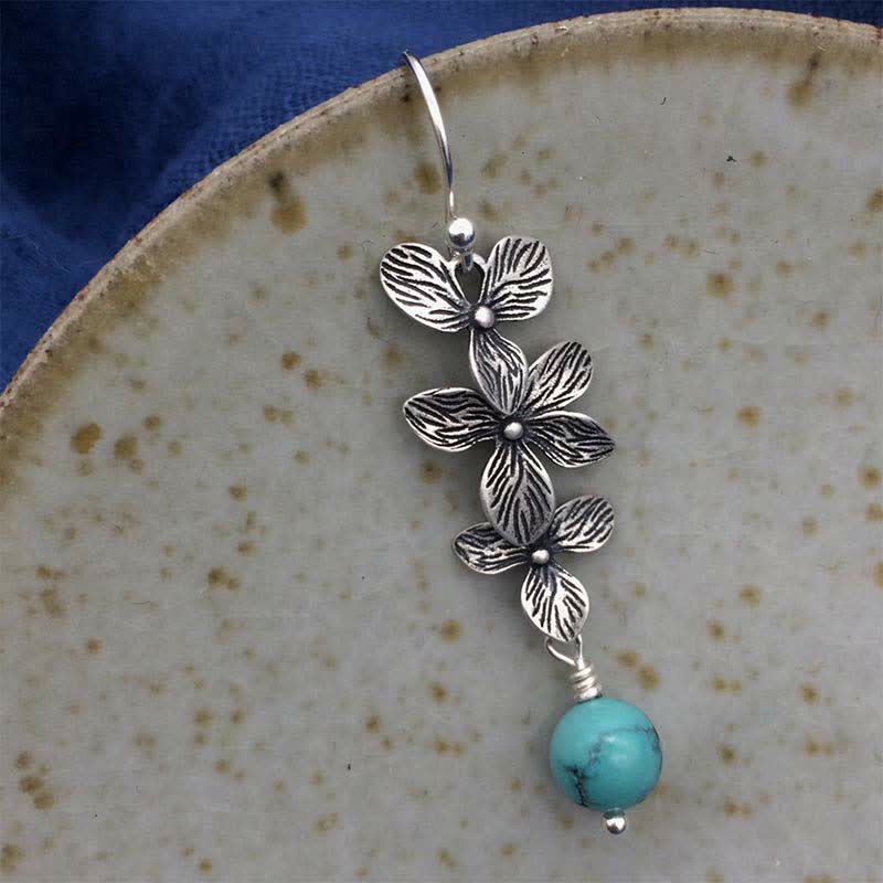 Nimara Ritual 925 Sterling Silver Turquoise Lazurite Flower Leaf Serenity Protection Hook Drop Dangle Earrings