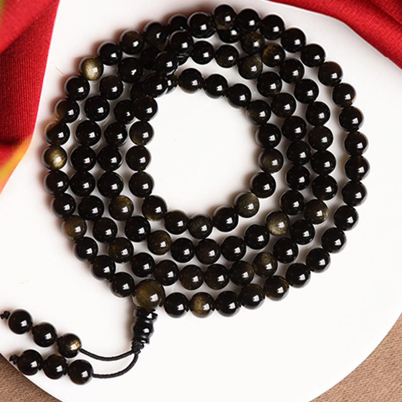 Nimara Ritual 108 Mala Beads Natural Gold Sheen Obsidian Wealth Bracelet